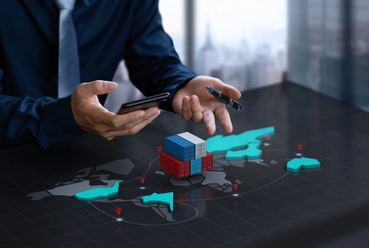 A business man shows a map of their product exports