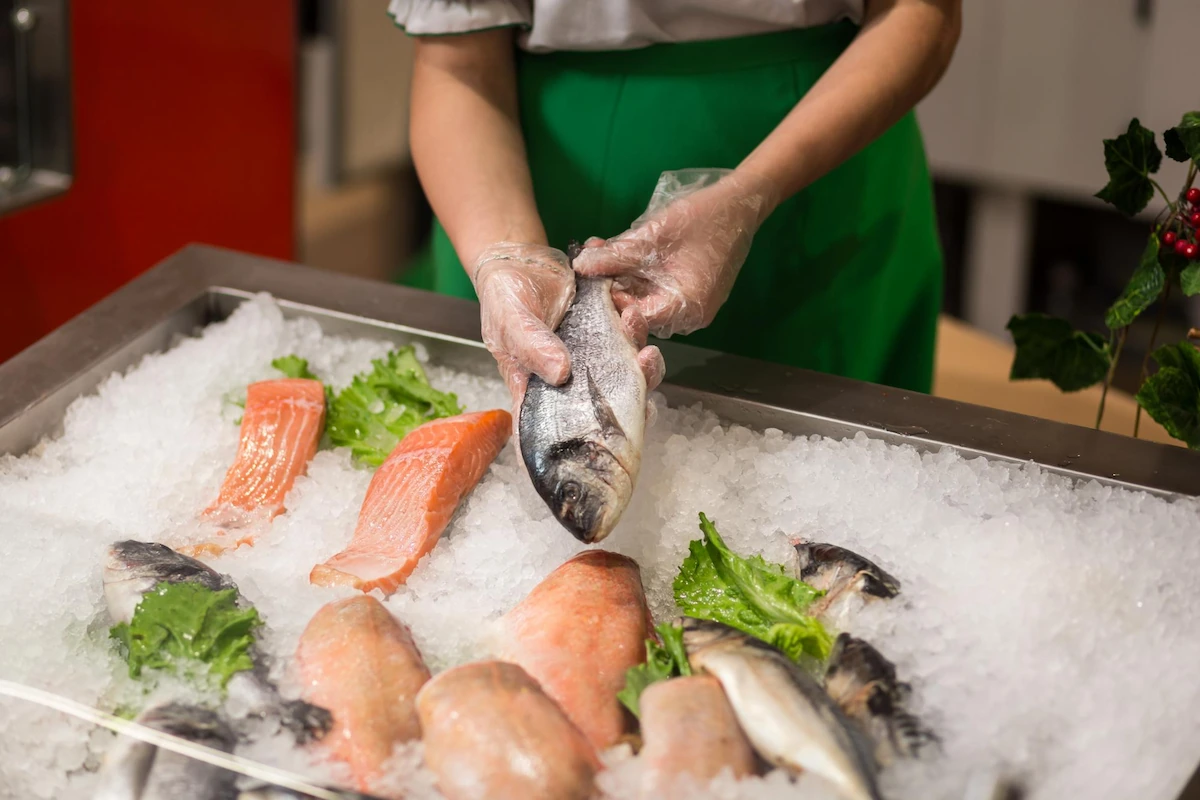 Fresh raw fish chilled on ice