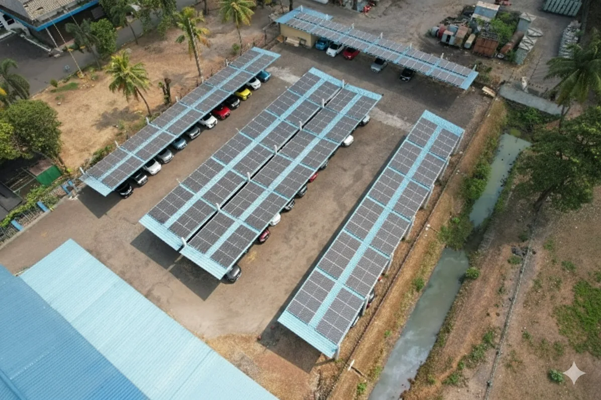 jajaran panel surya di area parkir kantor KCE