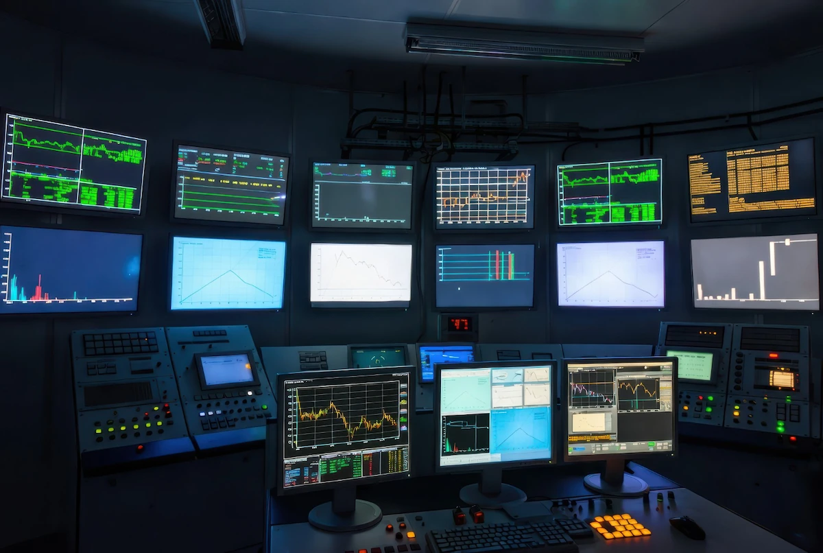 Ruang kendali dengan sejumlah monitor yang menggunakan sistem SCADA