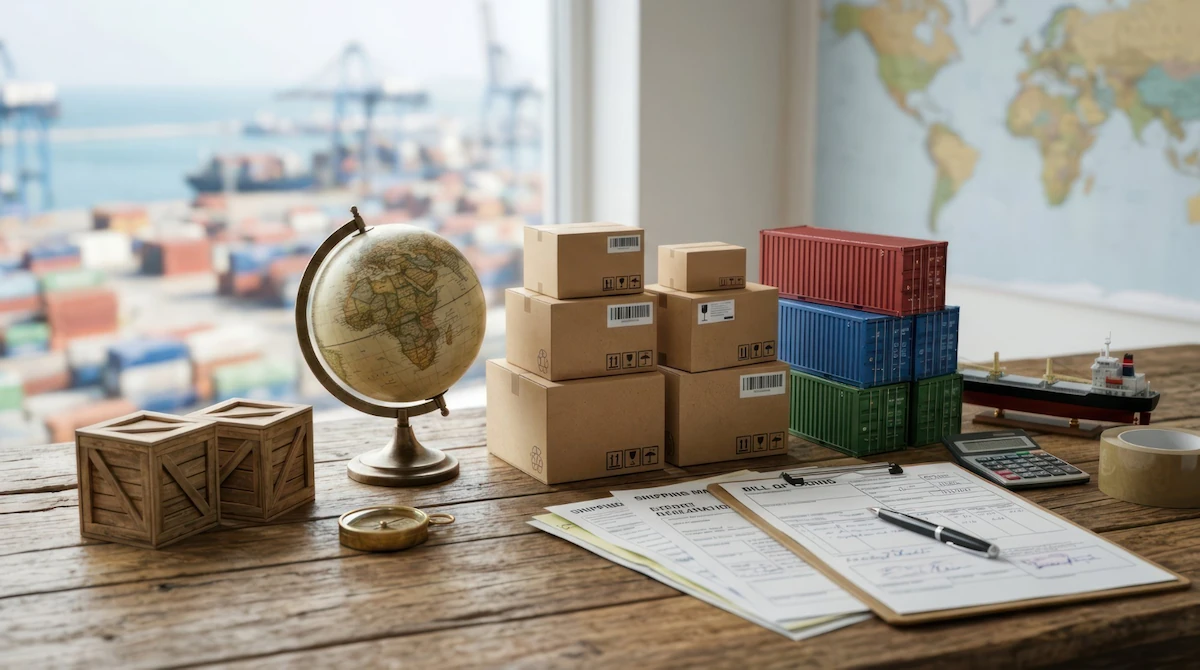 Miniature containers and cardboard boxes on the table